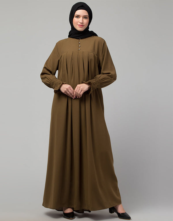 Chic Pleats at chest Smoking Sleeve Casual Abaya In light brown Front View